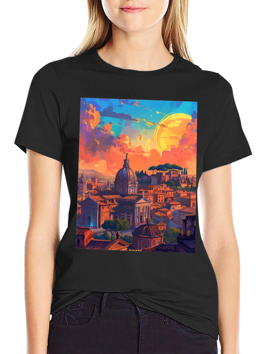 Camiseta Negra Impresión Artística Roma al Atardecer