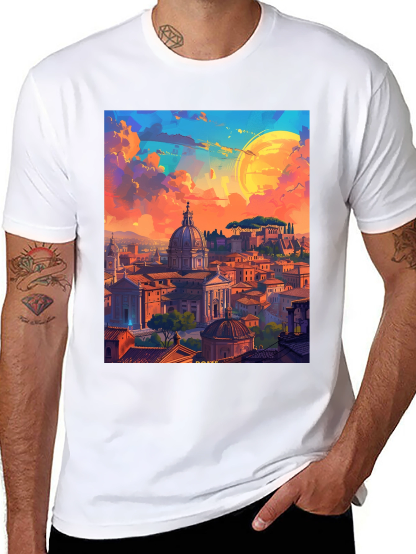 Camiseta Negra Impresión Artística Roma al Atardecer