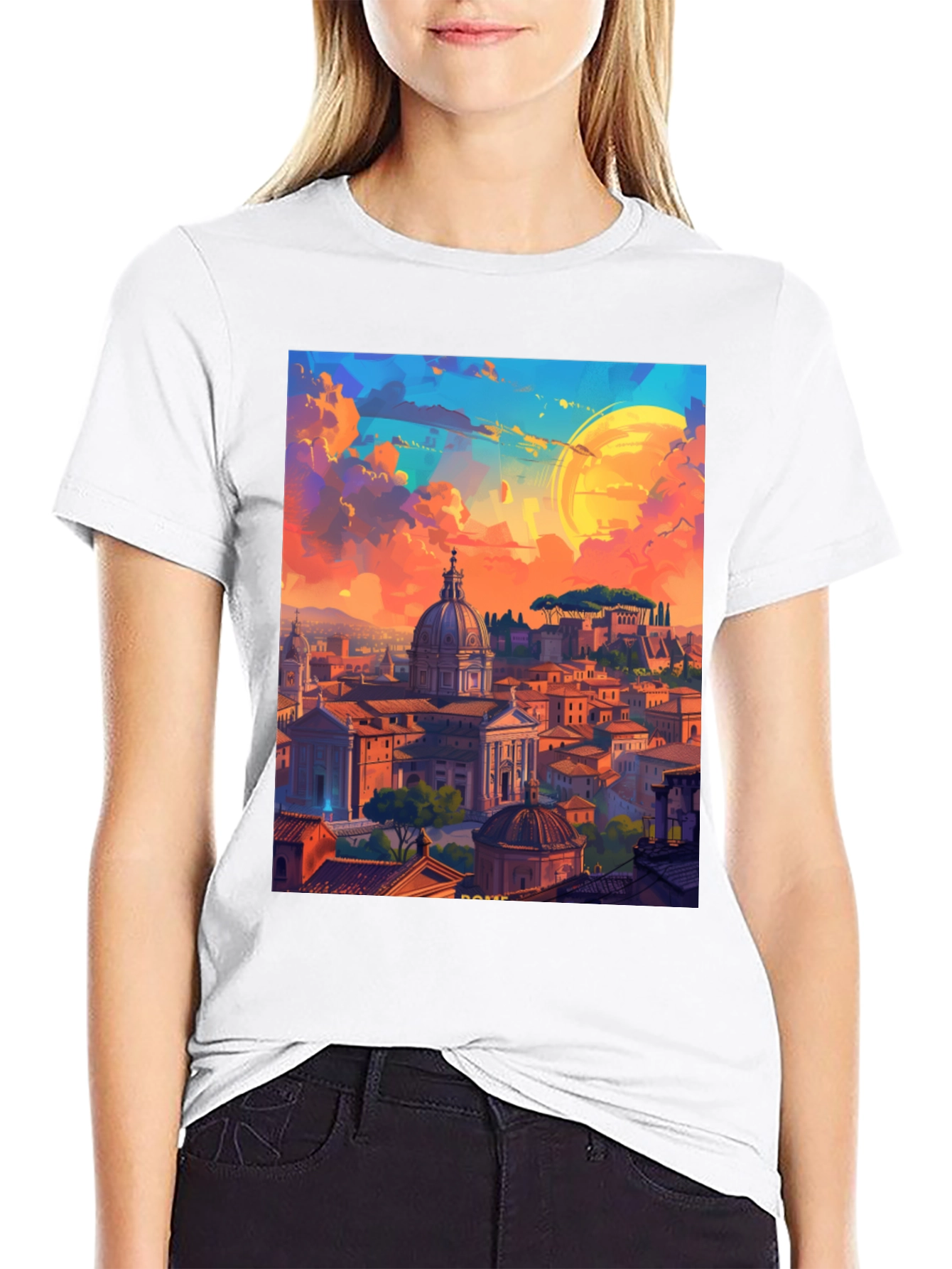 Camiseta Negra Impresión Artística Roma al Atardecer
