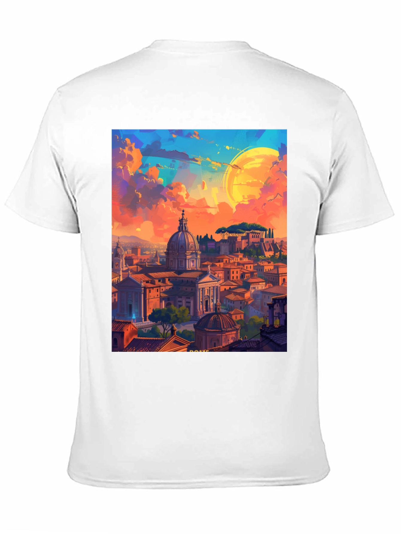 Camiseta Negra Impresión Artística Roma al Atardecer