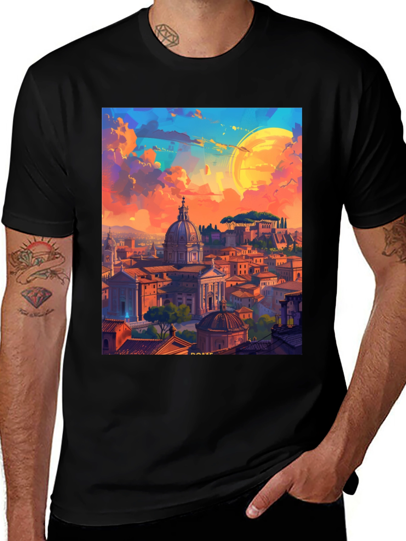 Camiseta Negra Impresión Artística Roma al Atardecer
