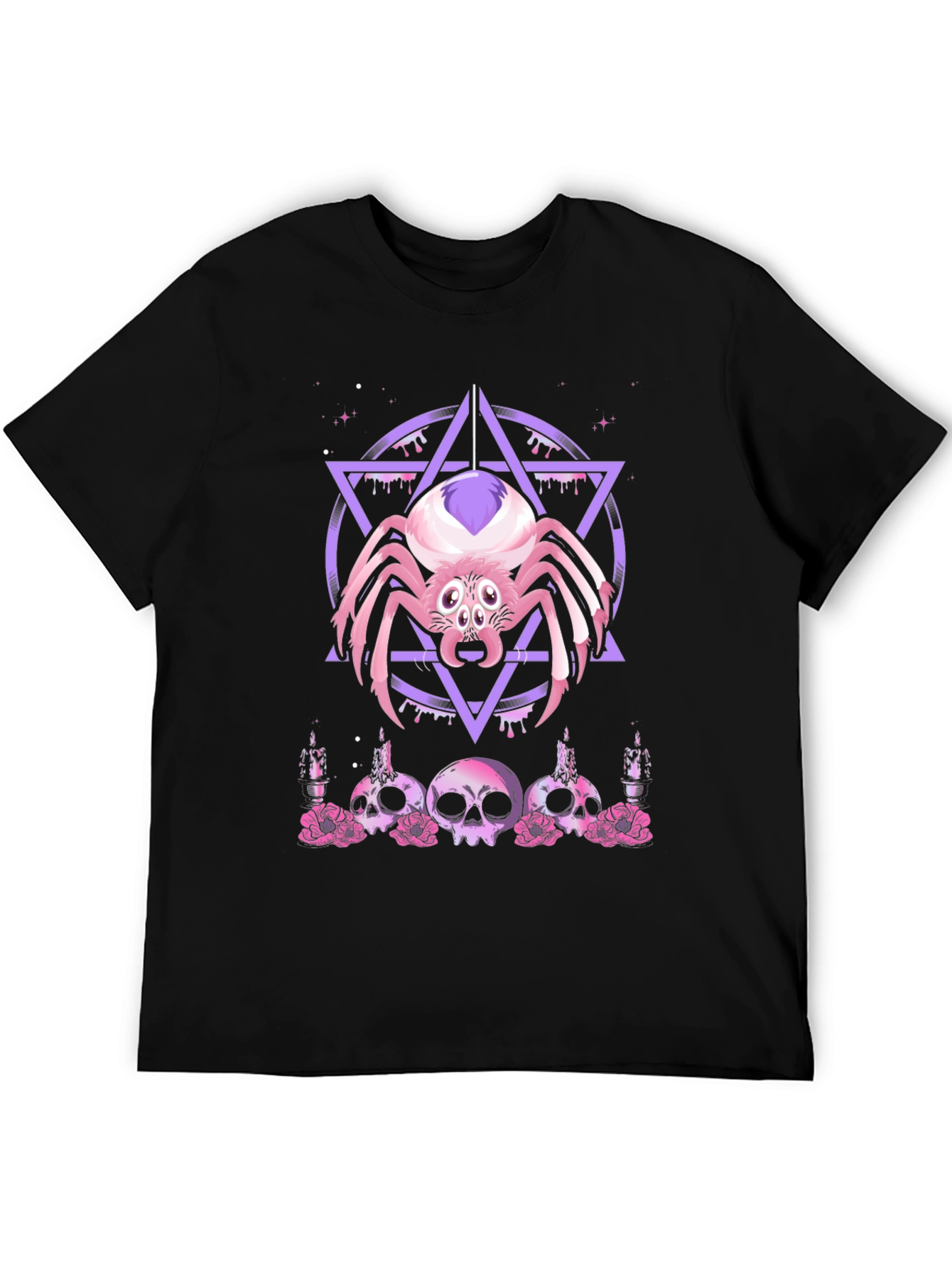 Camiseta Negra con Araña Gótica y Calaveras Rosadas