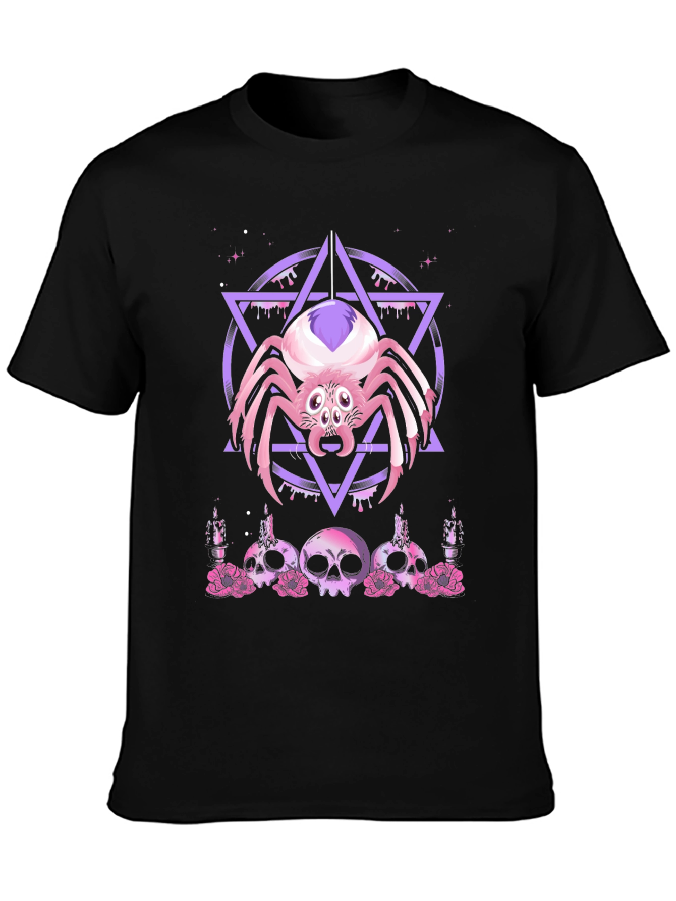 Camiseta Negra con Araña Gótica y Calaveras Rosadas