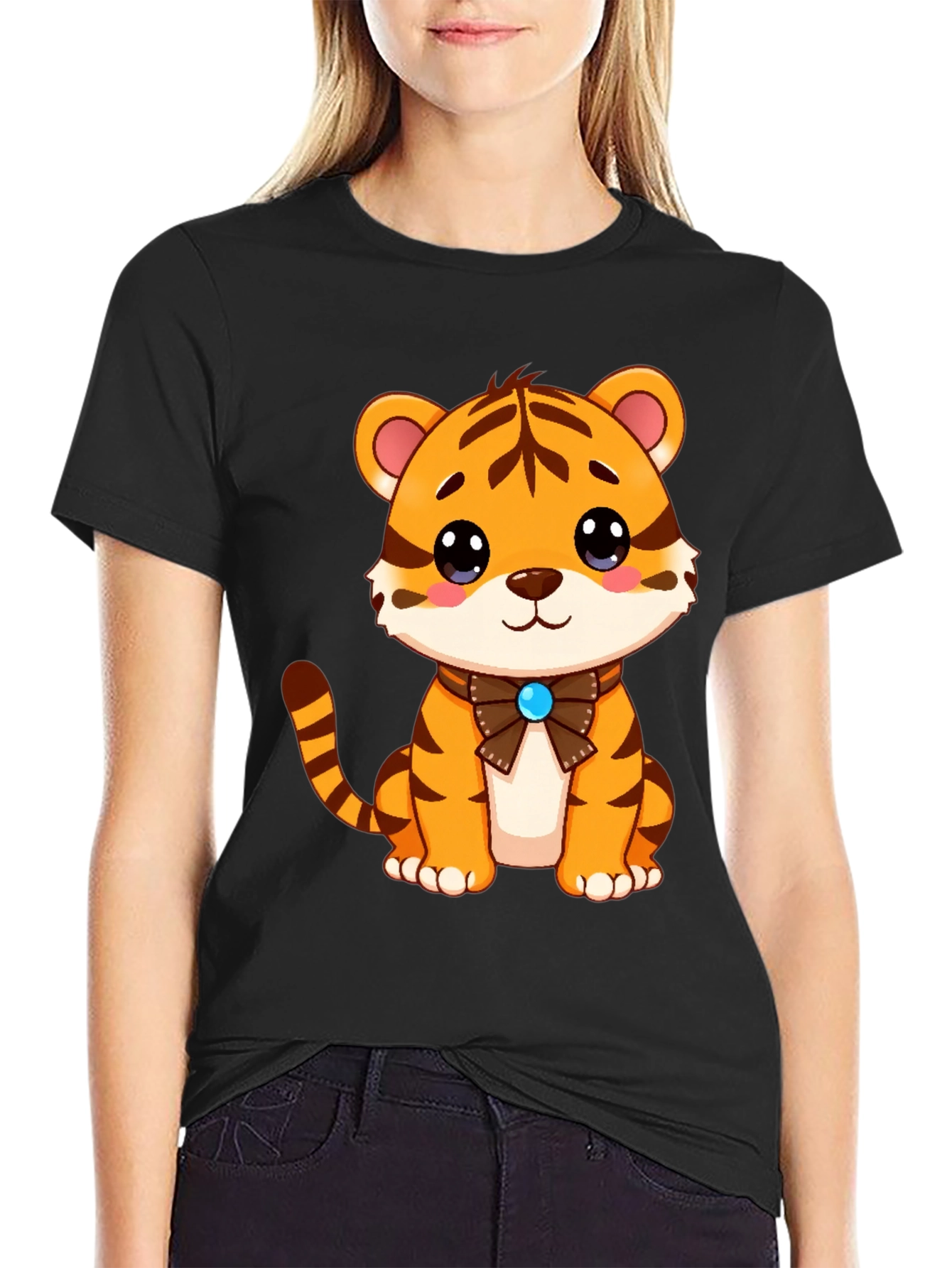 Camiseta Negra con Diseño de Tigre Adorable