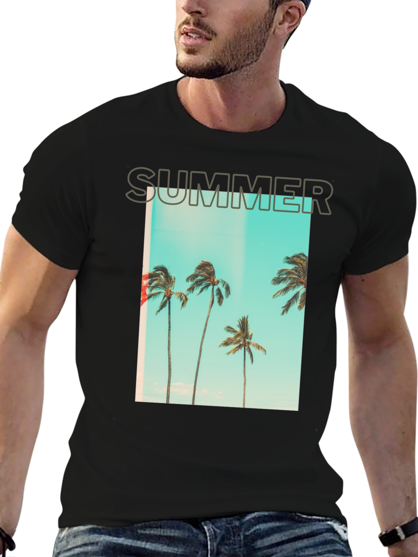 Camiseta Negra de Verano con Palmeras