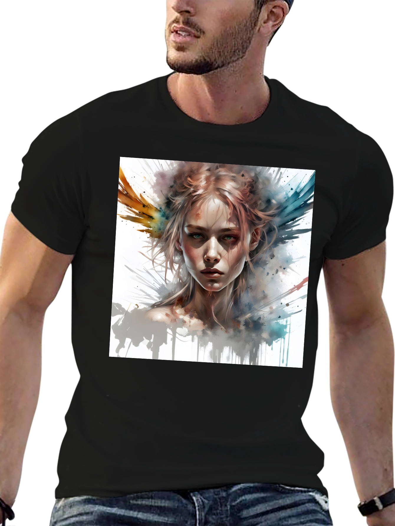 Camiseta Negra con Diseño Artístico de Mujer