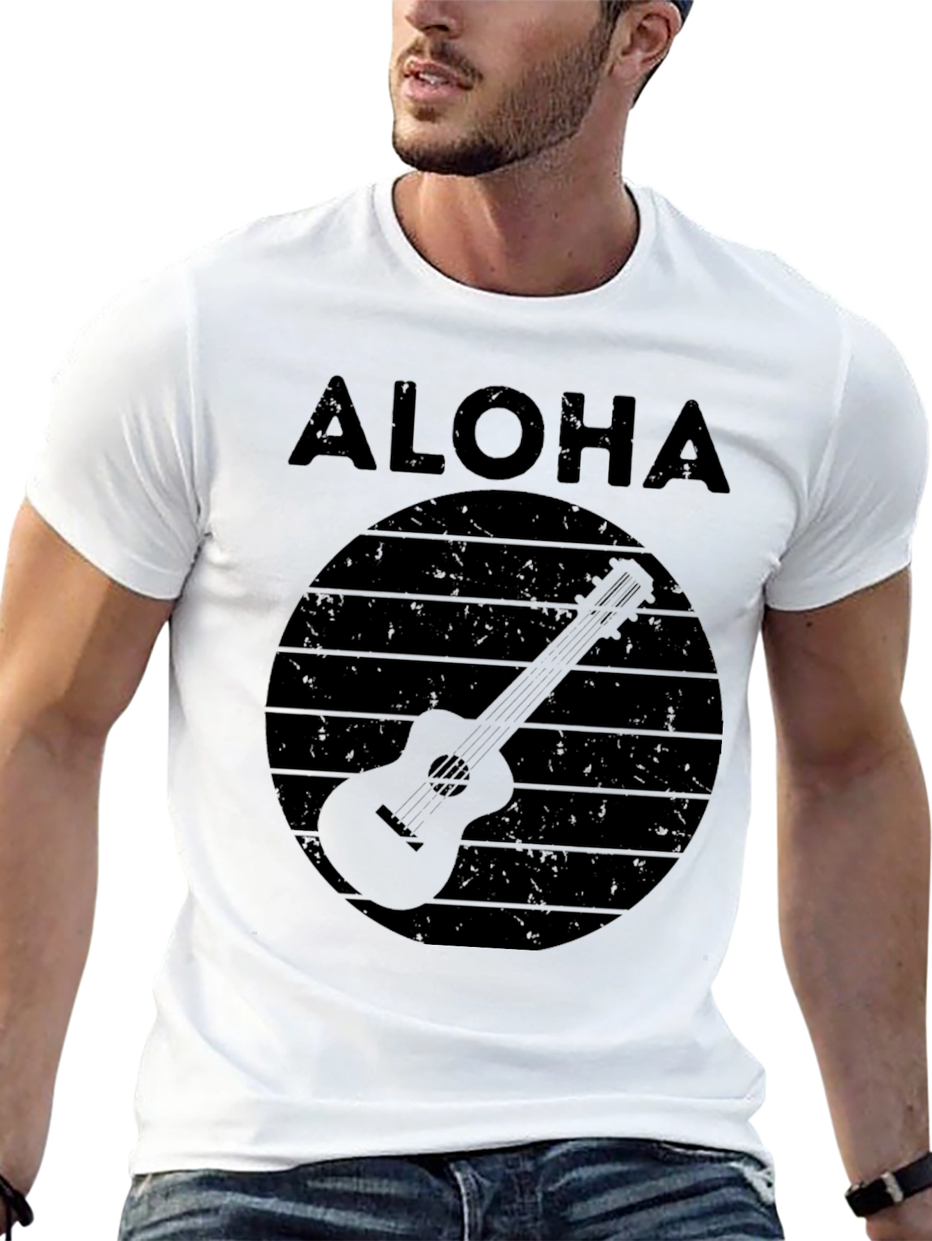 Camiseta Negra Aloha con Diseño de Guitarra