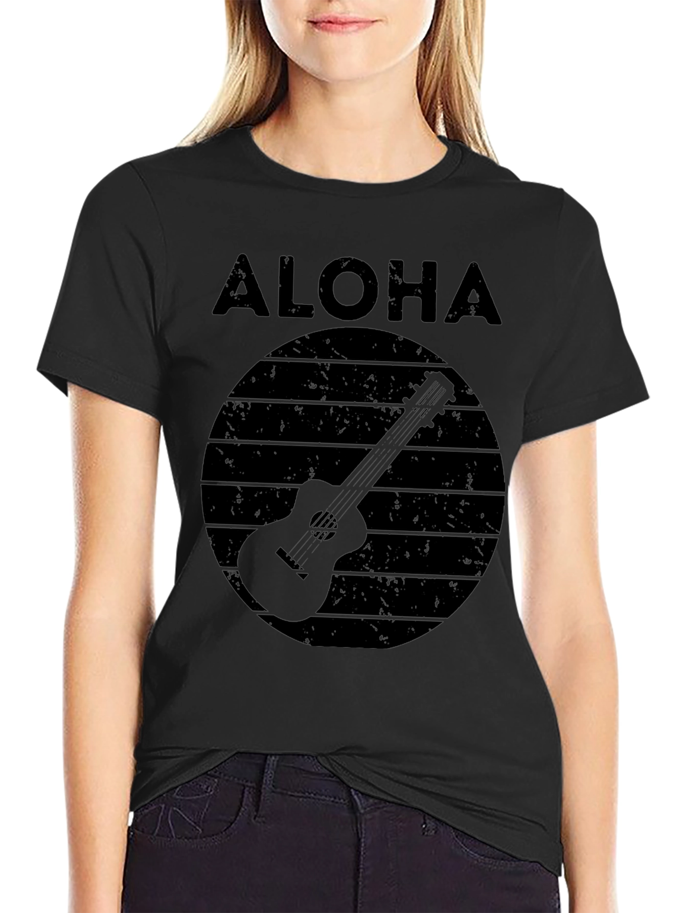 Camiseta Negra Aloha con Diseño de Guitarra