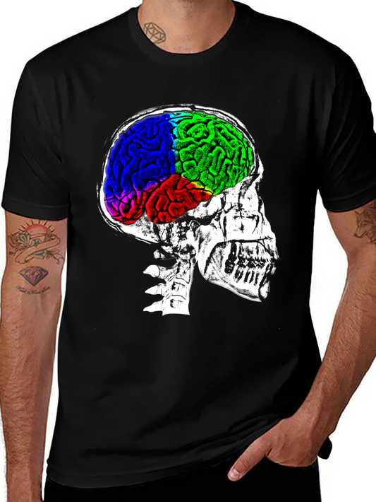 Camiseta Negra Estampada Cráneo y Cerebro Colorido