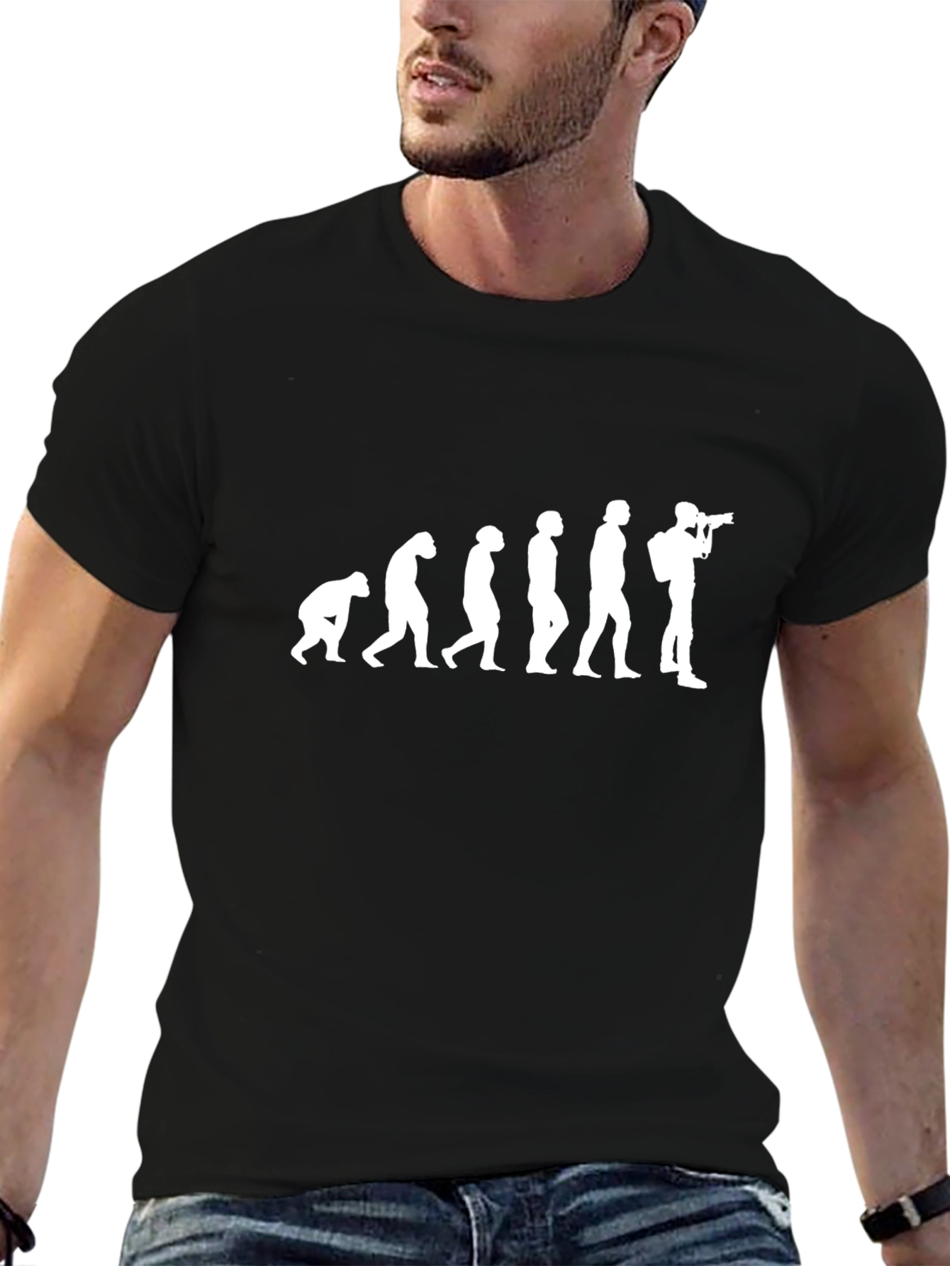 Camiseta Negra Evolución Fotógrafo Hombre Algodón