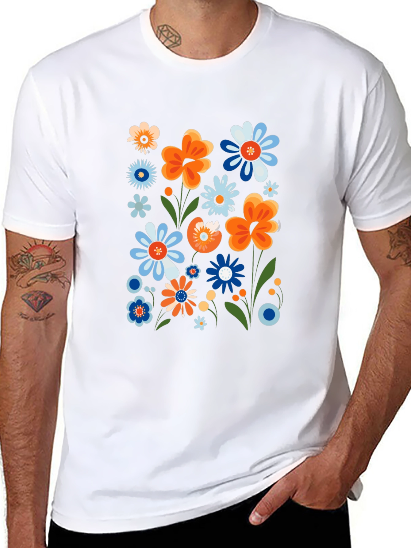 Camiseta Negra con Estampado Floral Retro