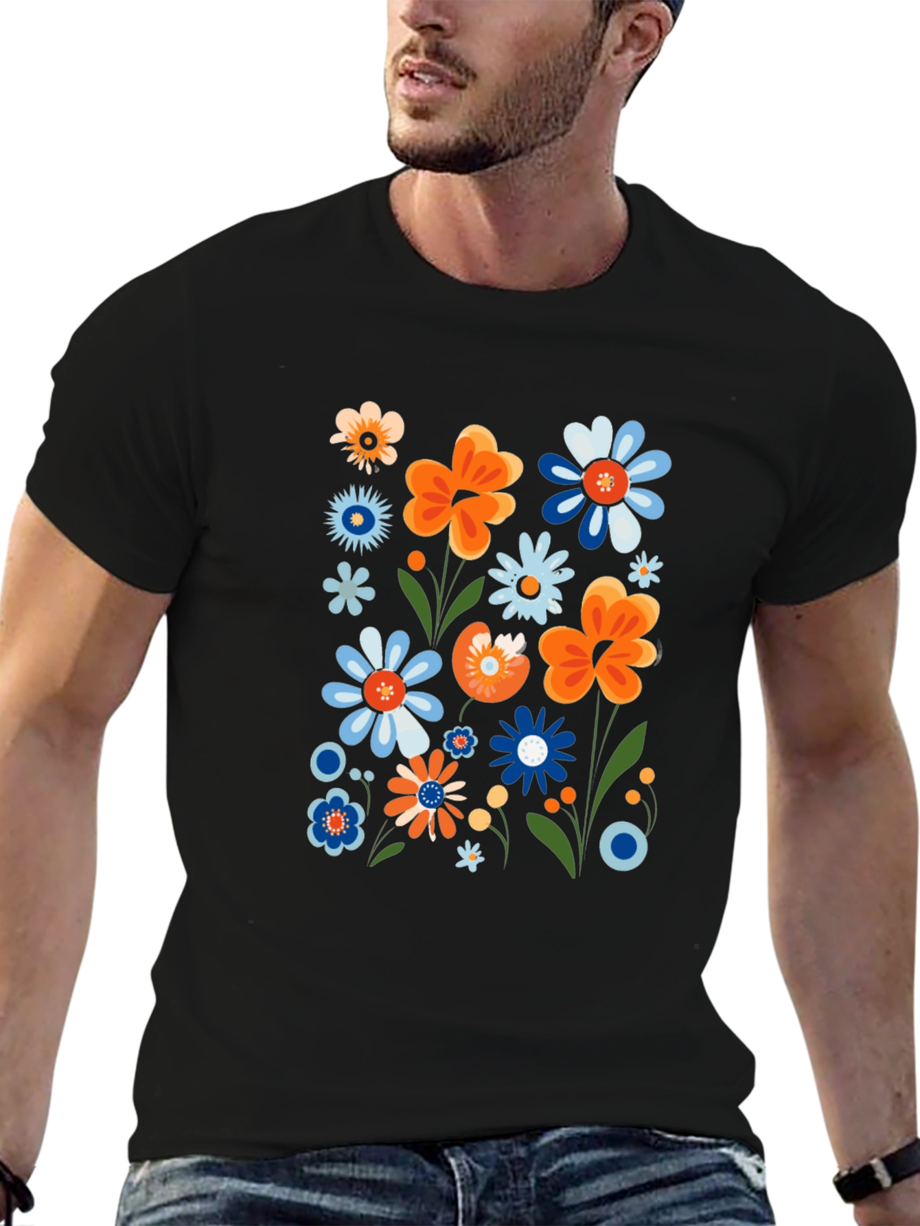 Camiseta Negra con Estampado Floral Retro