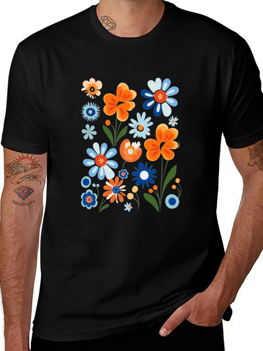 Camiseta Negra con Estampado Floral Retro