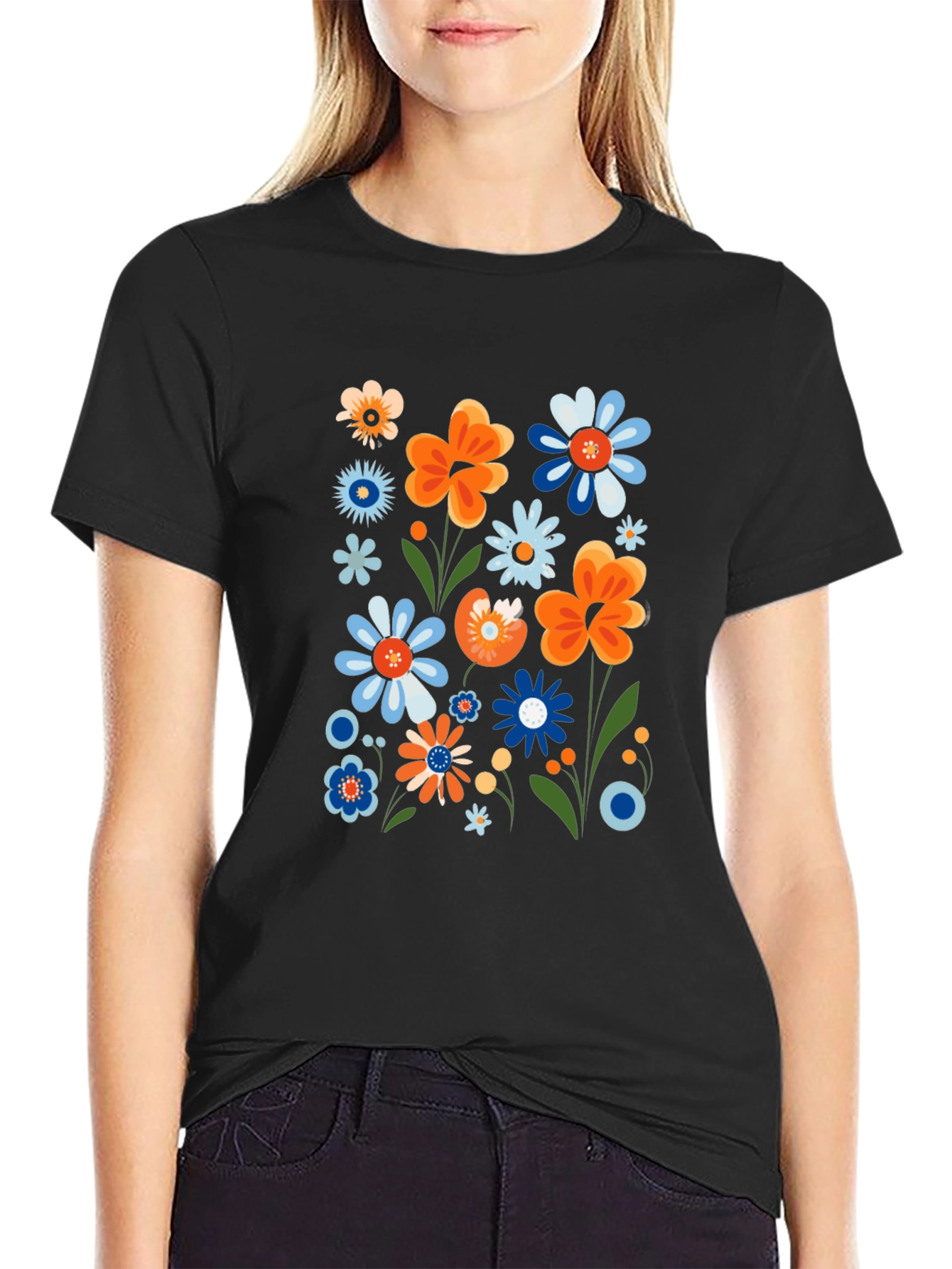 Camiseta Negra con Estampado Floral Retro