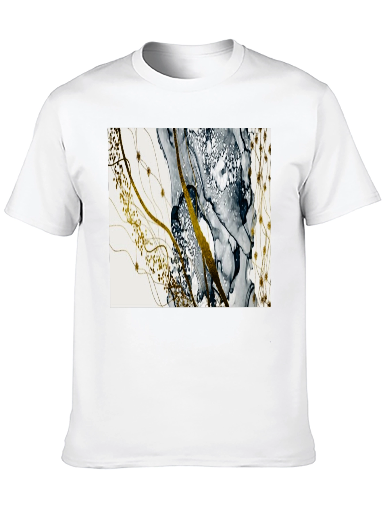 Camiseta Negra con Diseño Abstracto Dorado y Gris