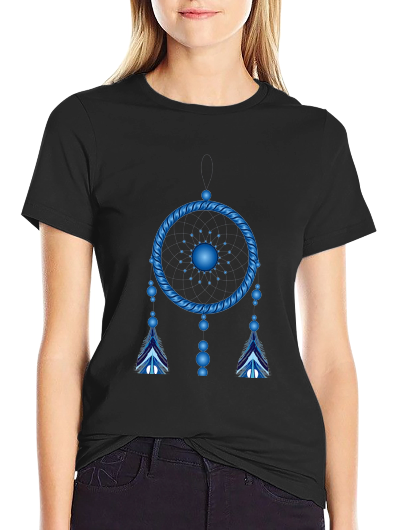 Camiseta Negra Atrapasueños Azul Eléctrico