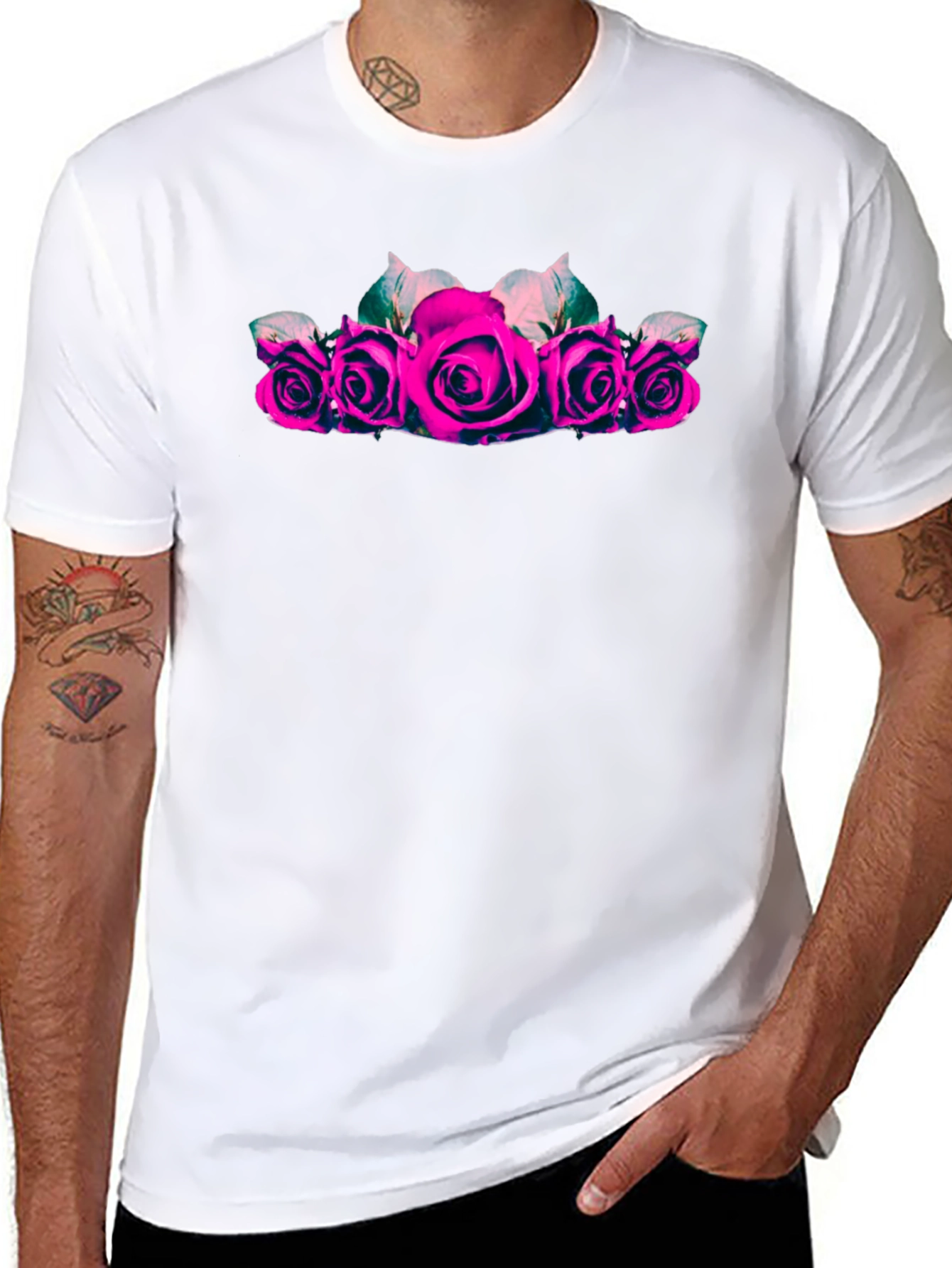 Camiseta Negra con Rosas Fucsia para Hombre