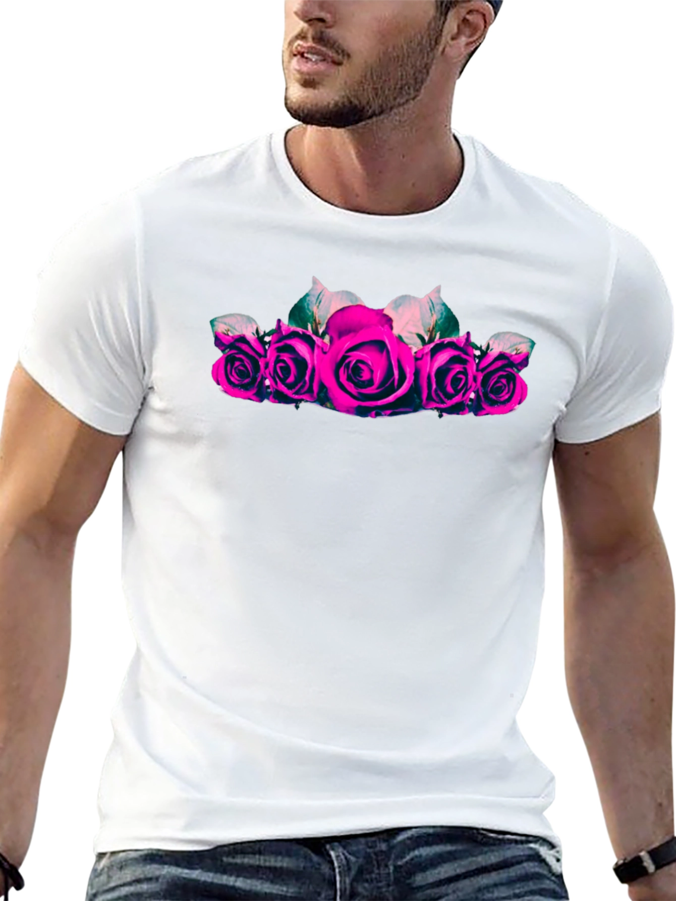 Camiseta Negra con Rosas Fucsia para Hombre