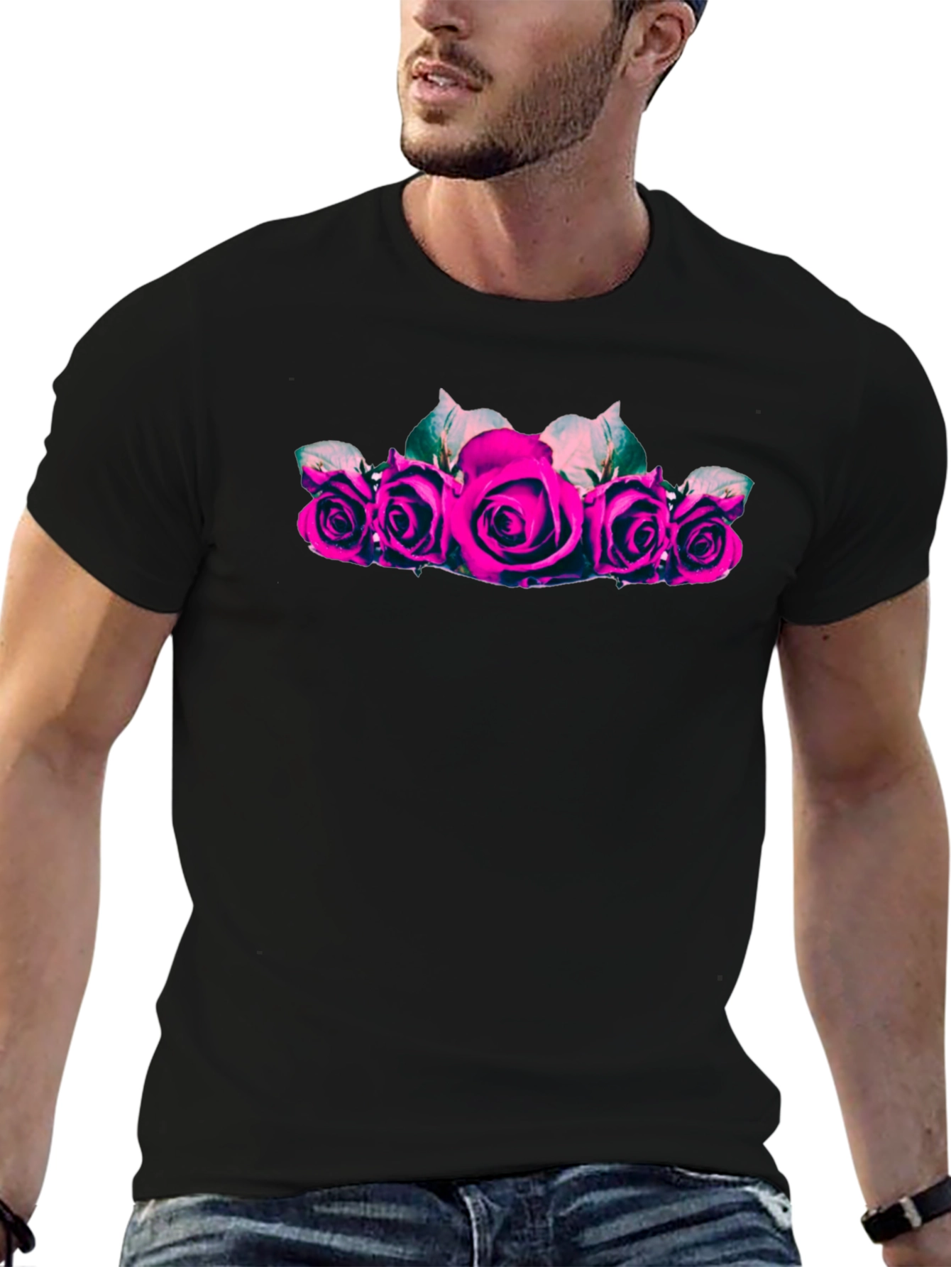 Camiseta Negra con Rosas Fucsia para Hombre