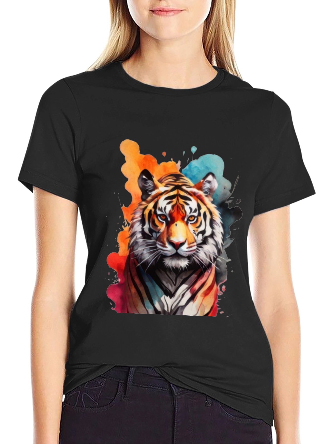 Camiseta Negra con Estampado de Tigre Acuarela