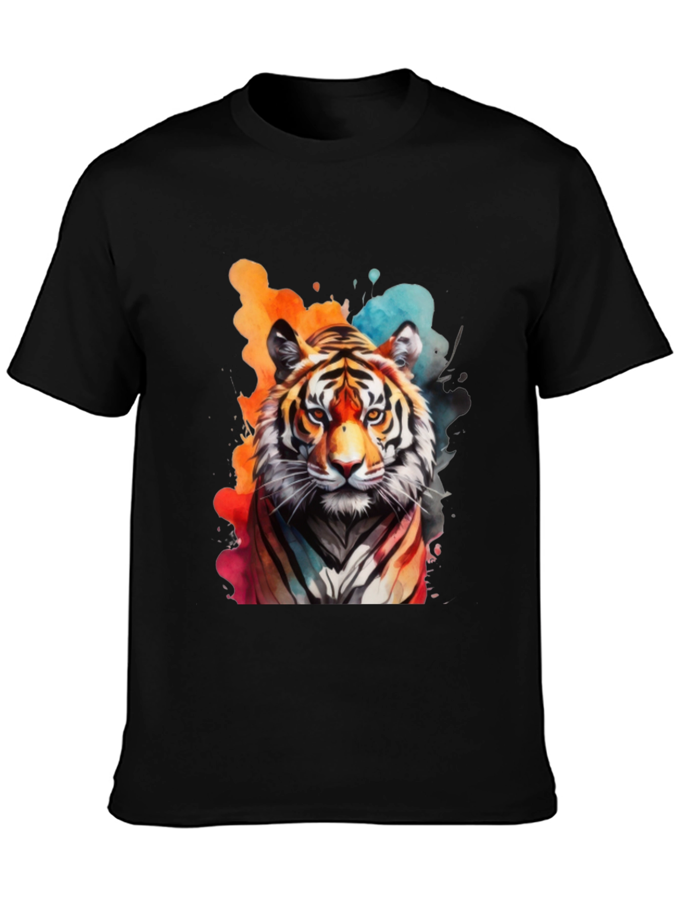 Camiseta Negra con Estampado de Tigre Acuarela
