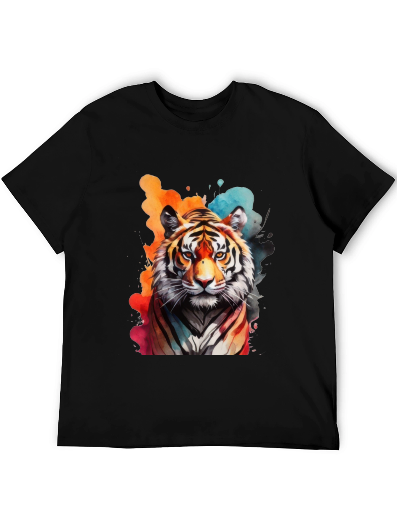 Camiseta Negra con Estampado de Tigre Acuarela
