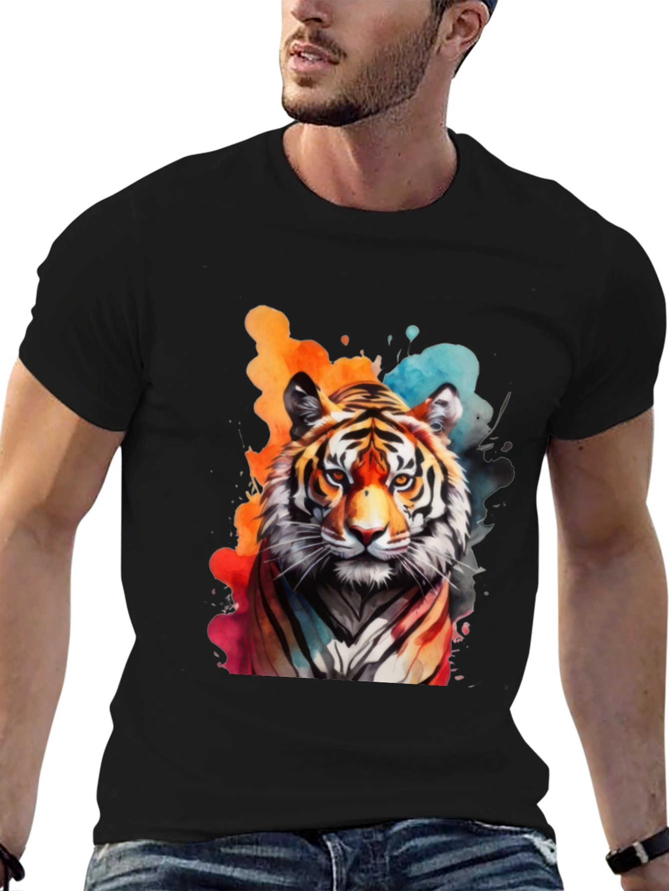 Camiseta Negra con Estampado de Tigre Acuarela