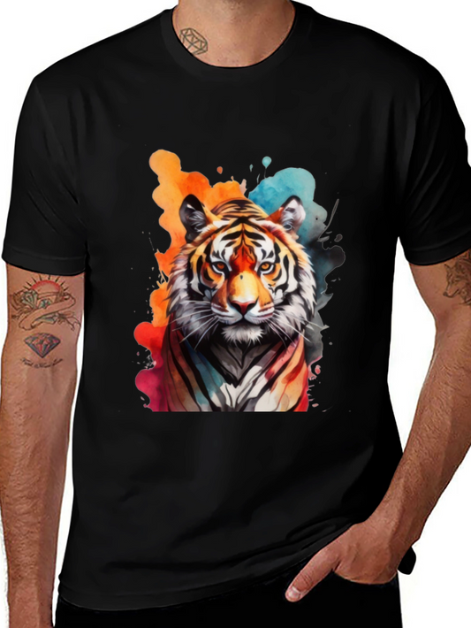 Camiseta Negra con Estampado de Tigre Acuarela