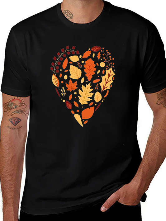 Camiseta Negra Corazón de Hojas Otoñales