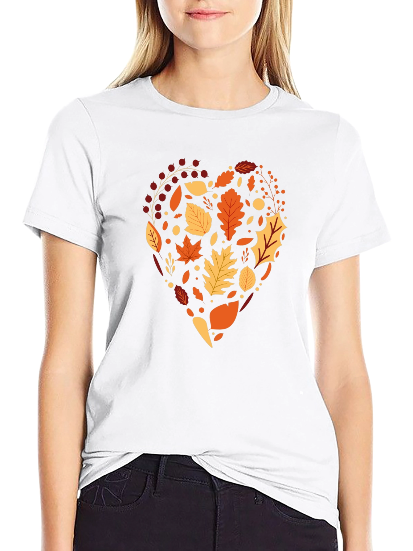 Camiseta Negra Corazón de Hojas Otoñales