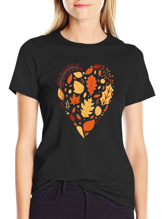Camiseta Negra Corazón de Hojas Otoñales