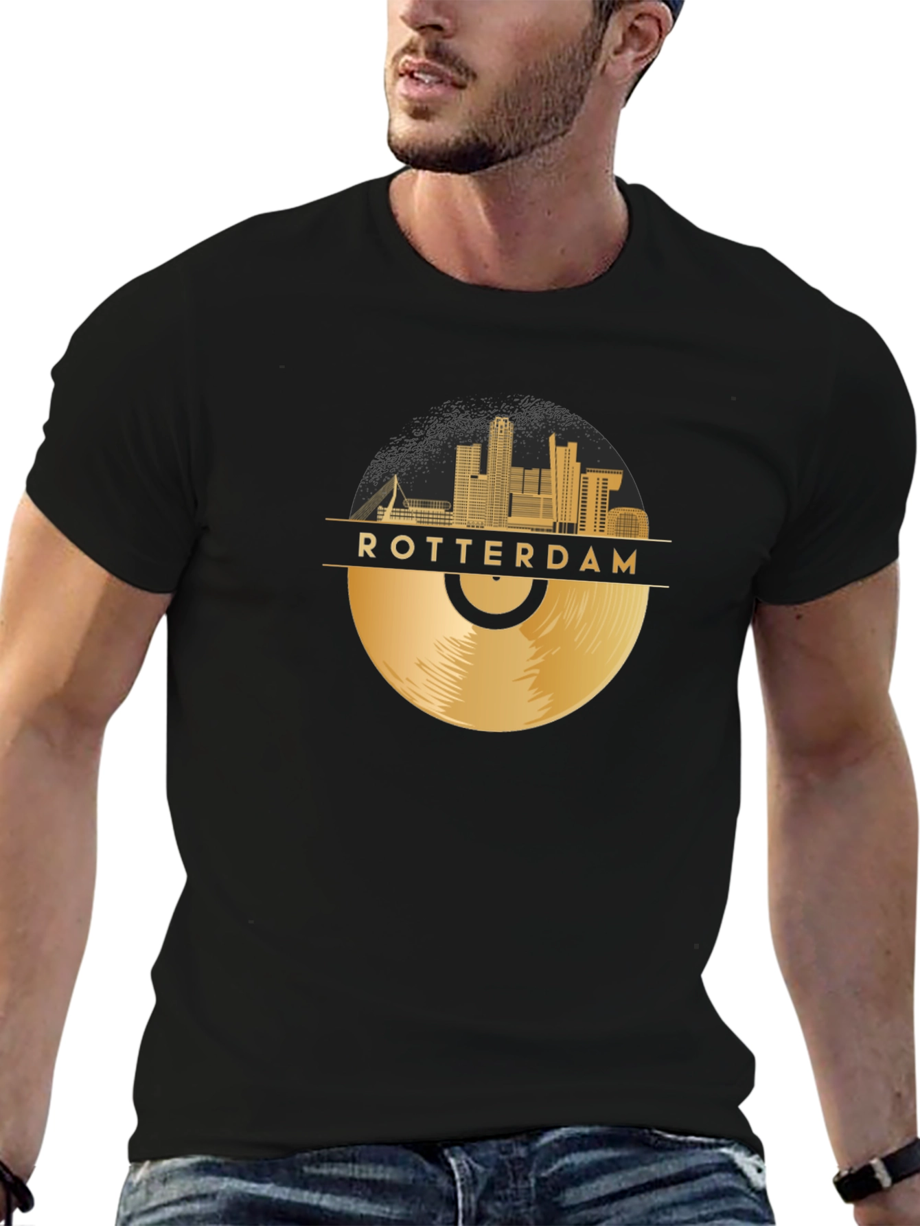 Camiseta Negra Rotterdam Skyline Vinilo