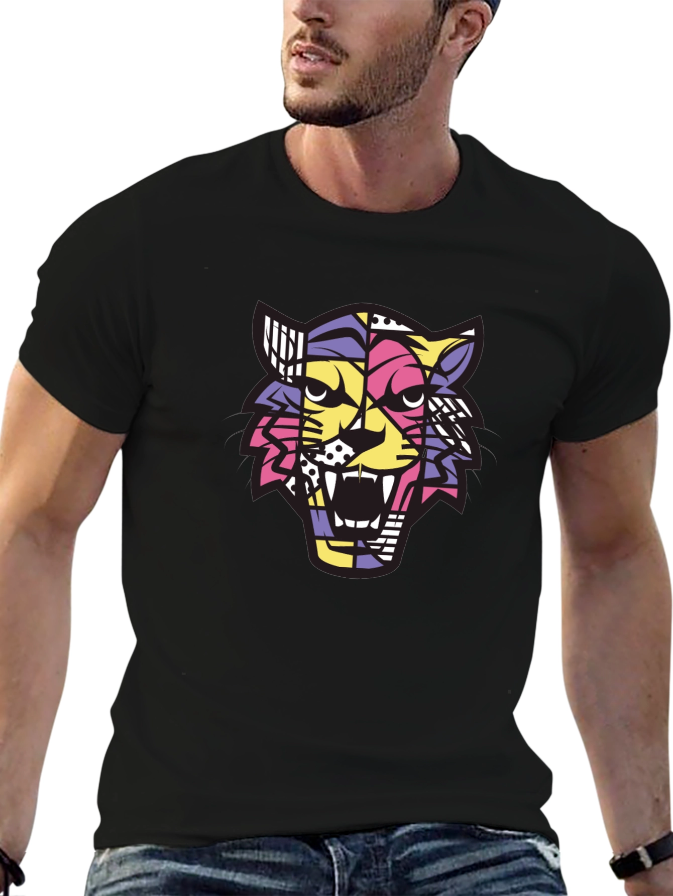 Camiseta Hombre Negra con Diseño de Tigre Abstracto