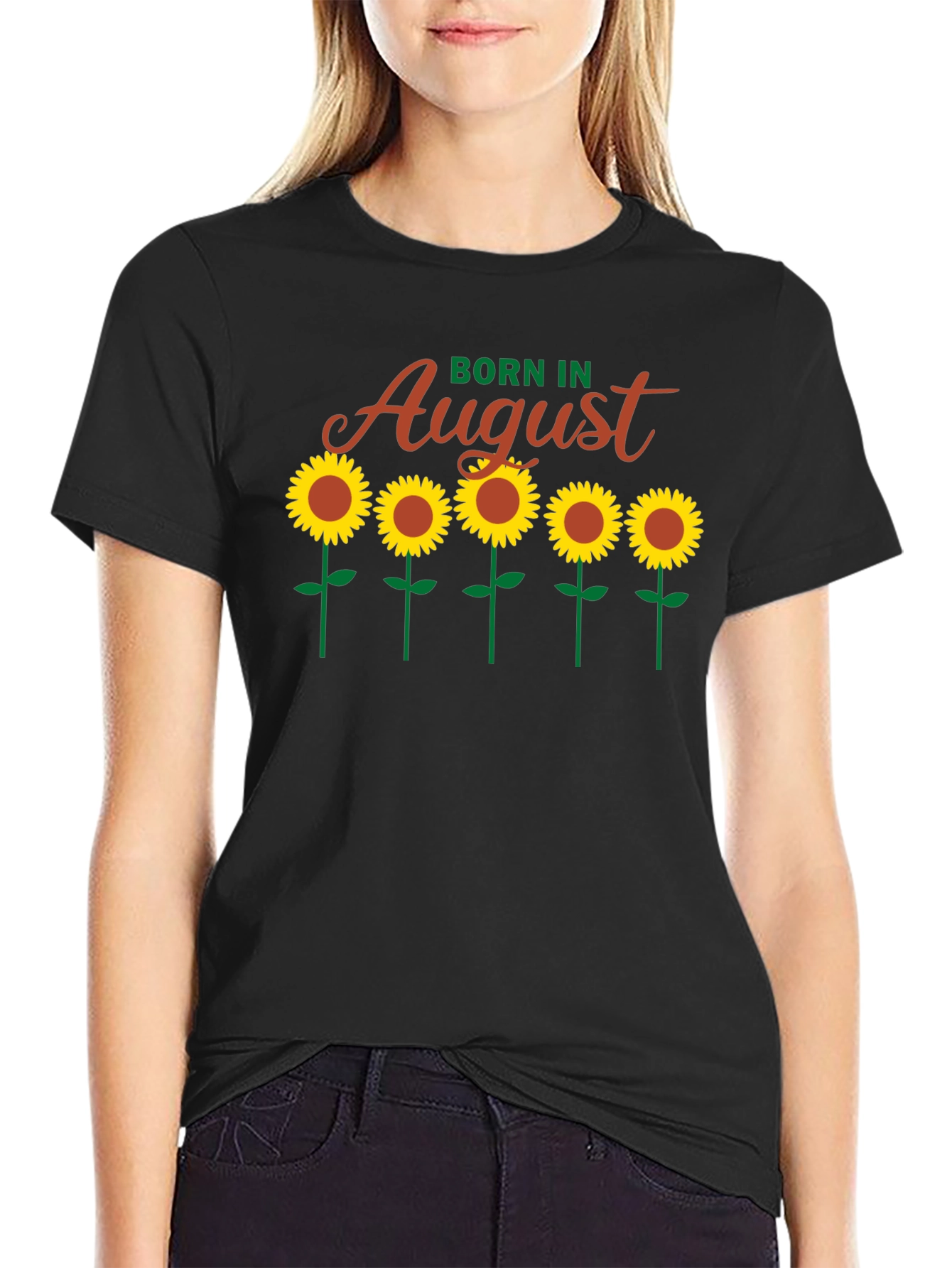 Camiseta Negra Born in August con Girasoles