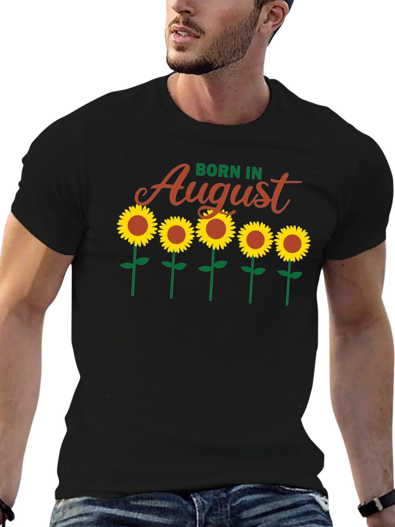 Camiseta Negra Born in August con Girasoles