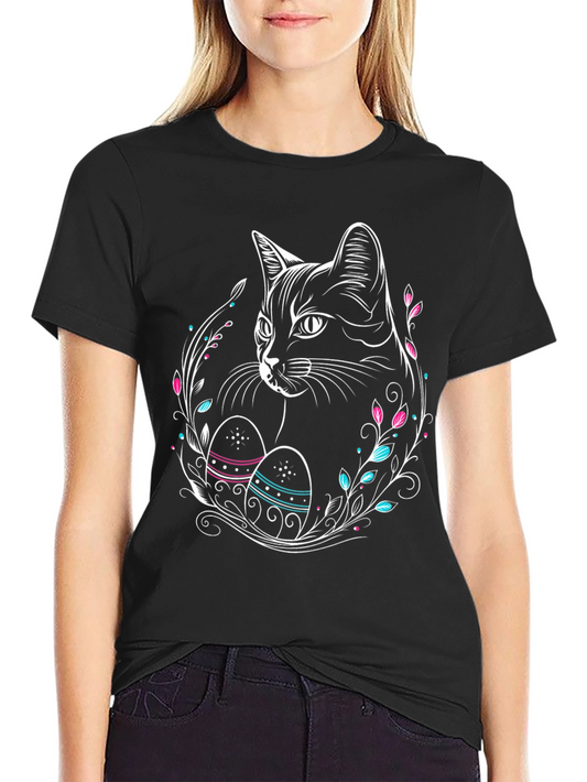 Camiseta Negra con Diseño de Gato y Huevos de Pascua