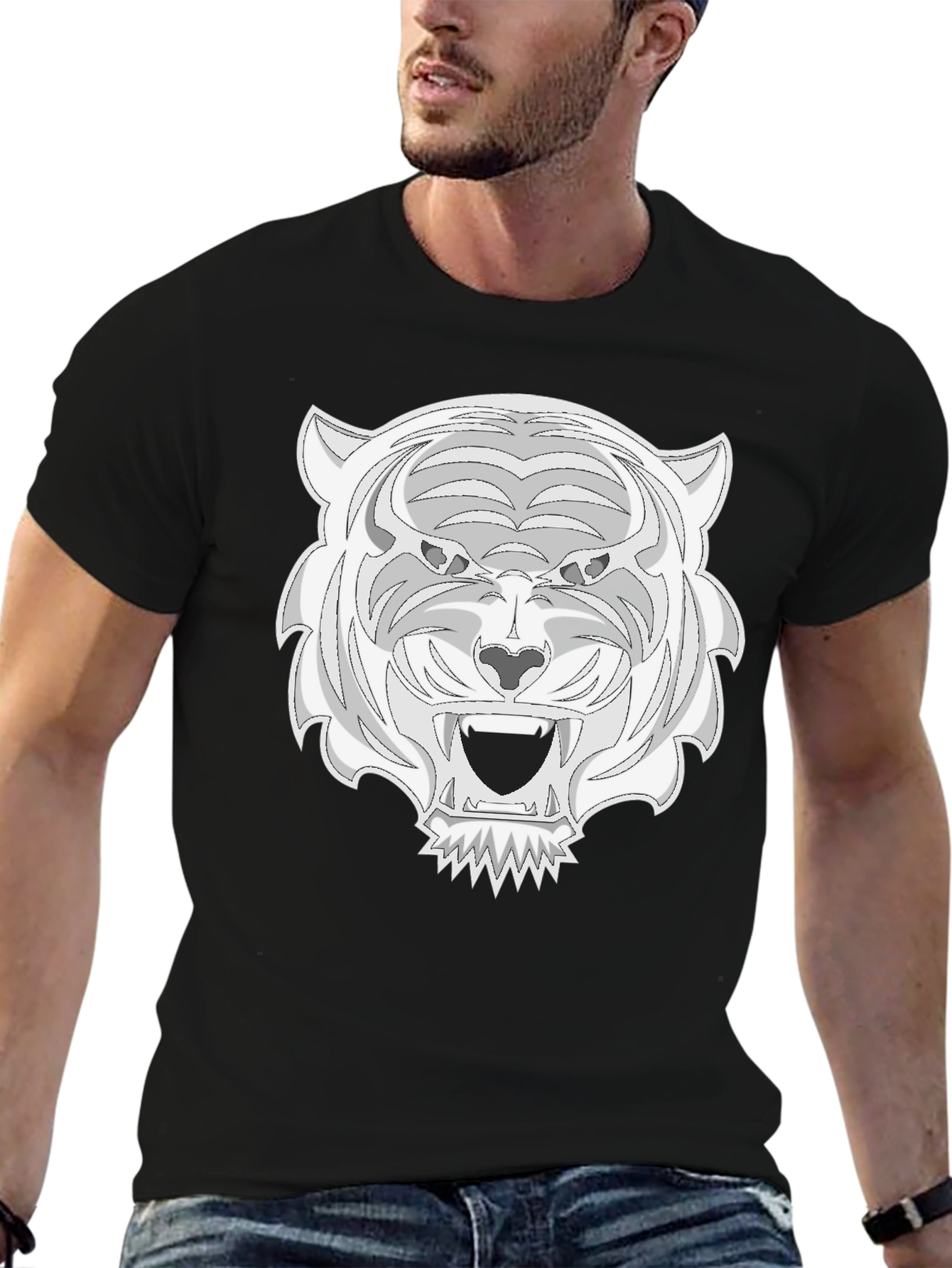 Camiseta Negra con Estampado de Tigre Blanco