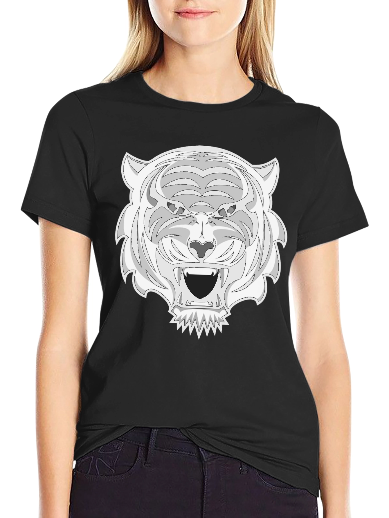 Camiseta Negra con Estampado de Tigre Blanco