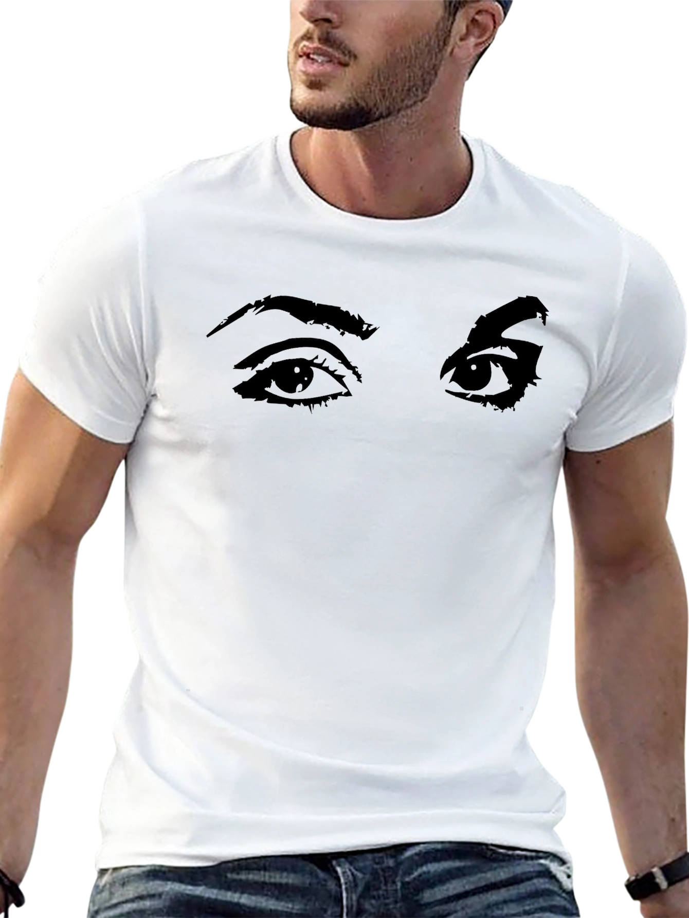 Camiseta Negra con Estampado de Ojos Expresivos