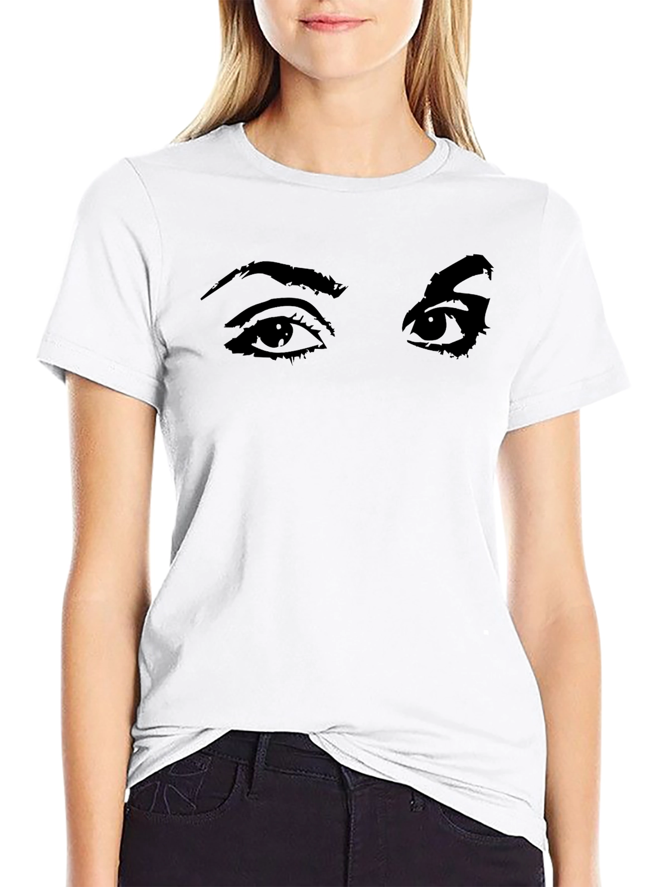 Camiseta Negra con Estampado de Ojos Expresivos