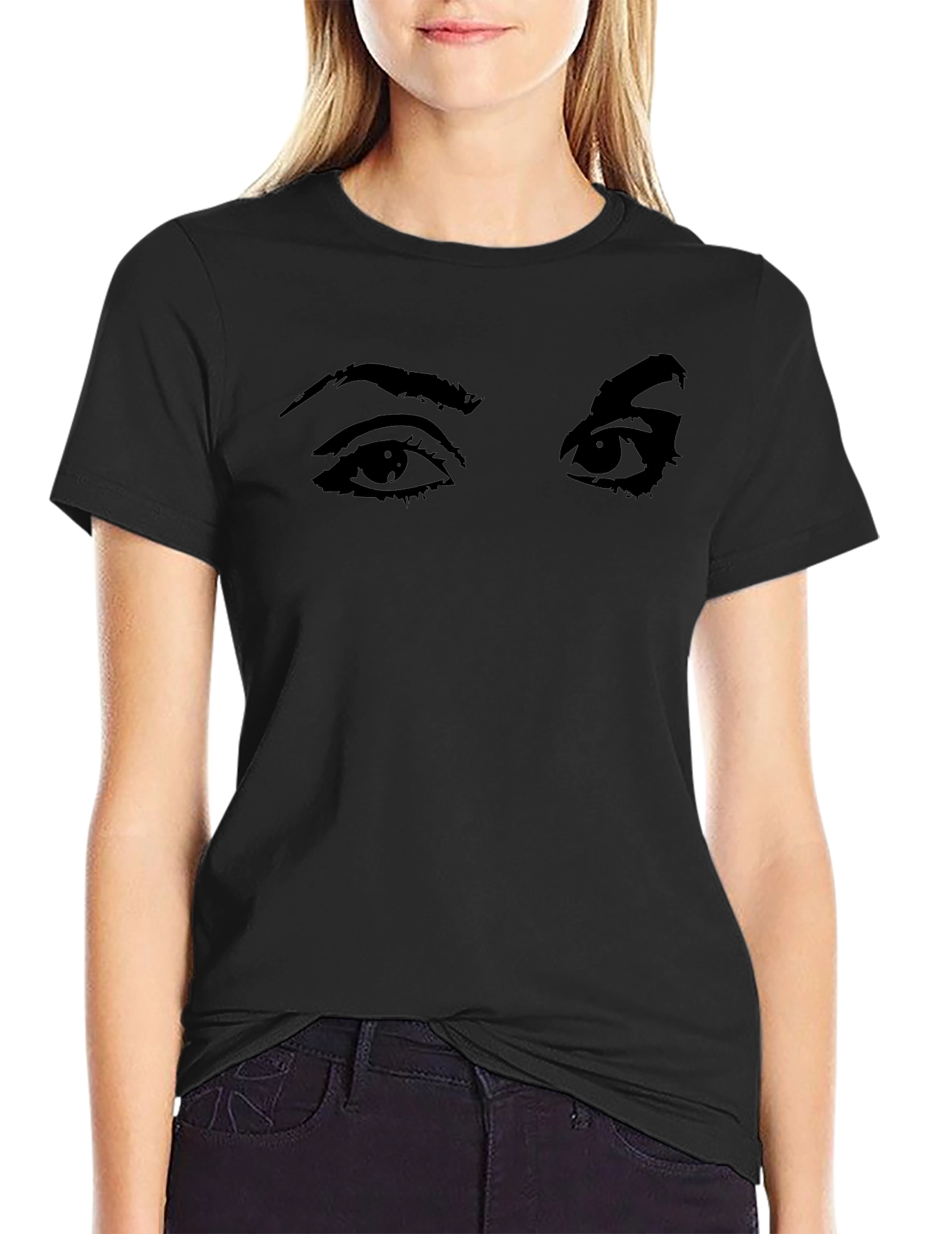 Camiseta Negra con Estampado de Ojos Expresivos