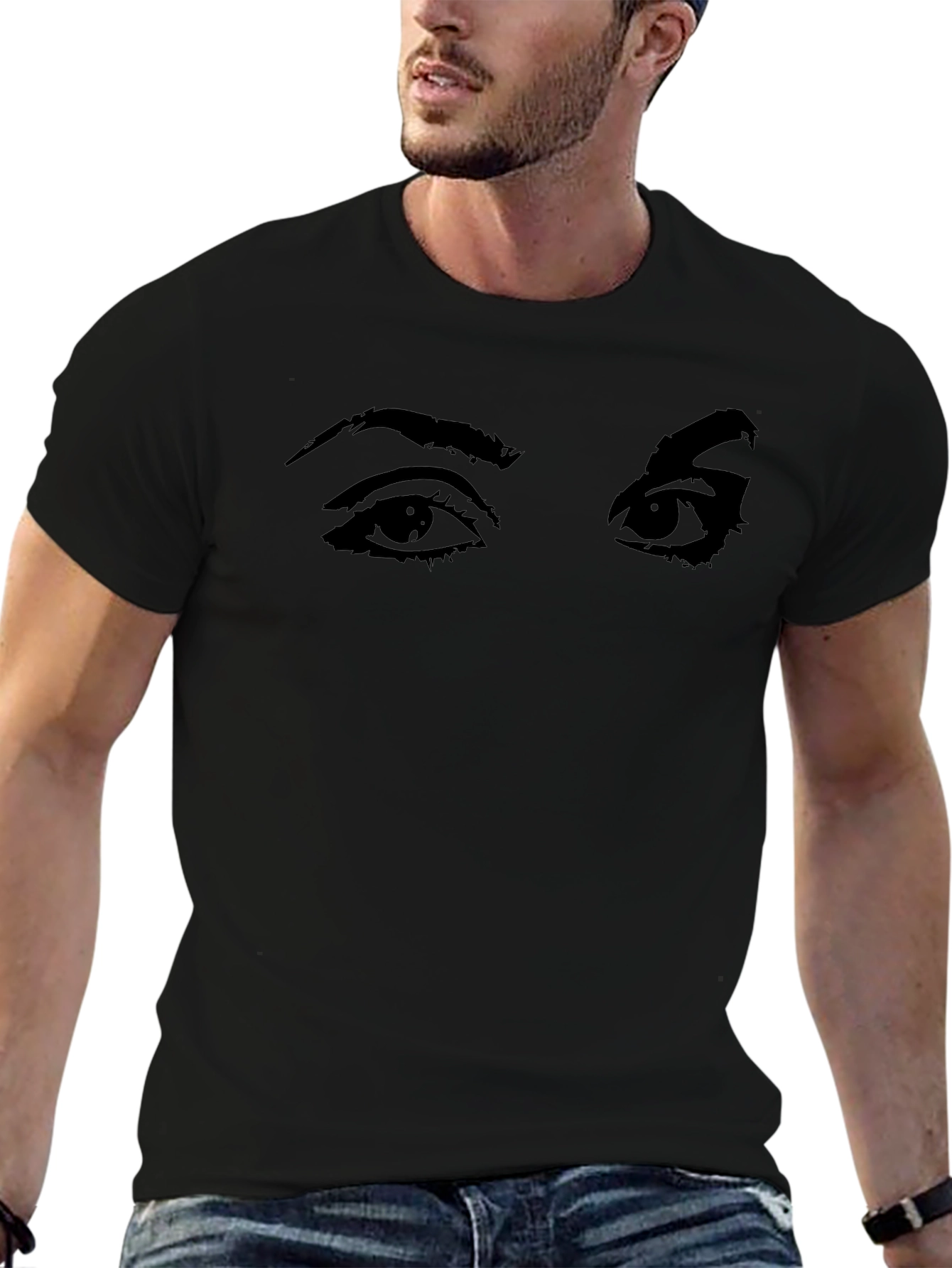 Camiseta Negra con Estampado de Ojos Expresivos