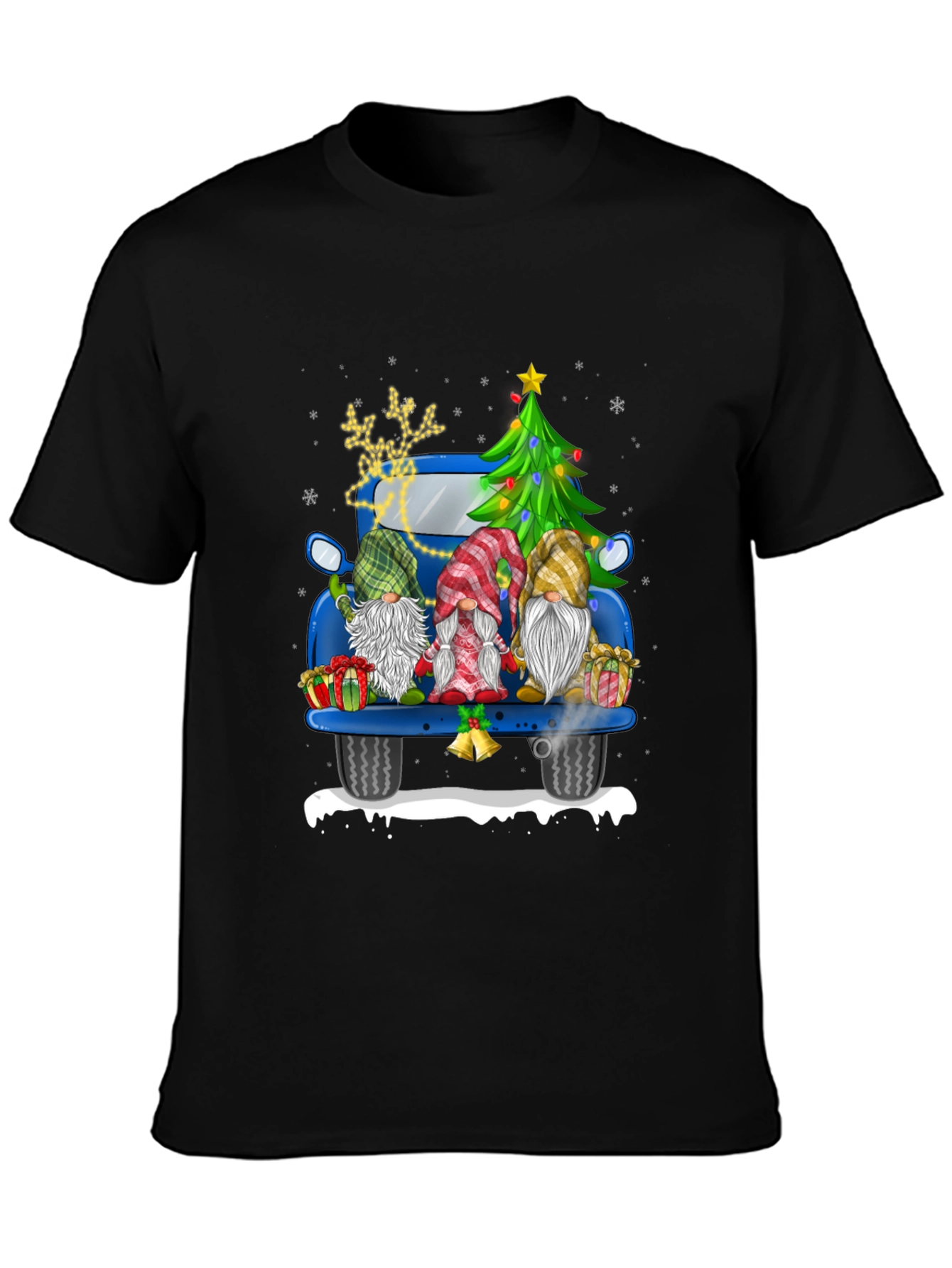 Camiseta Navideña con Gnomos en Camioneta Azul