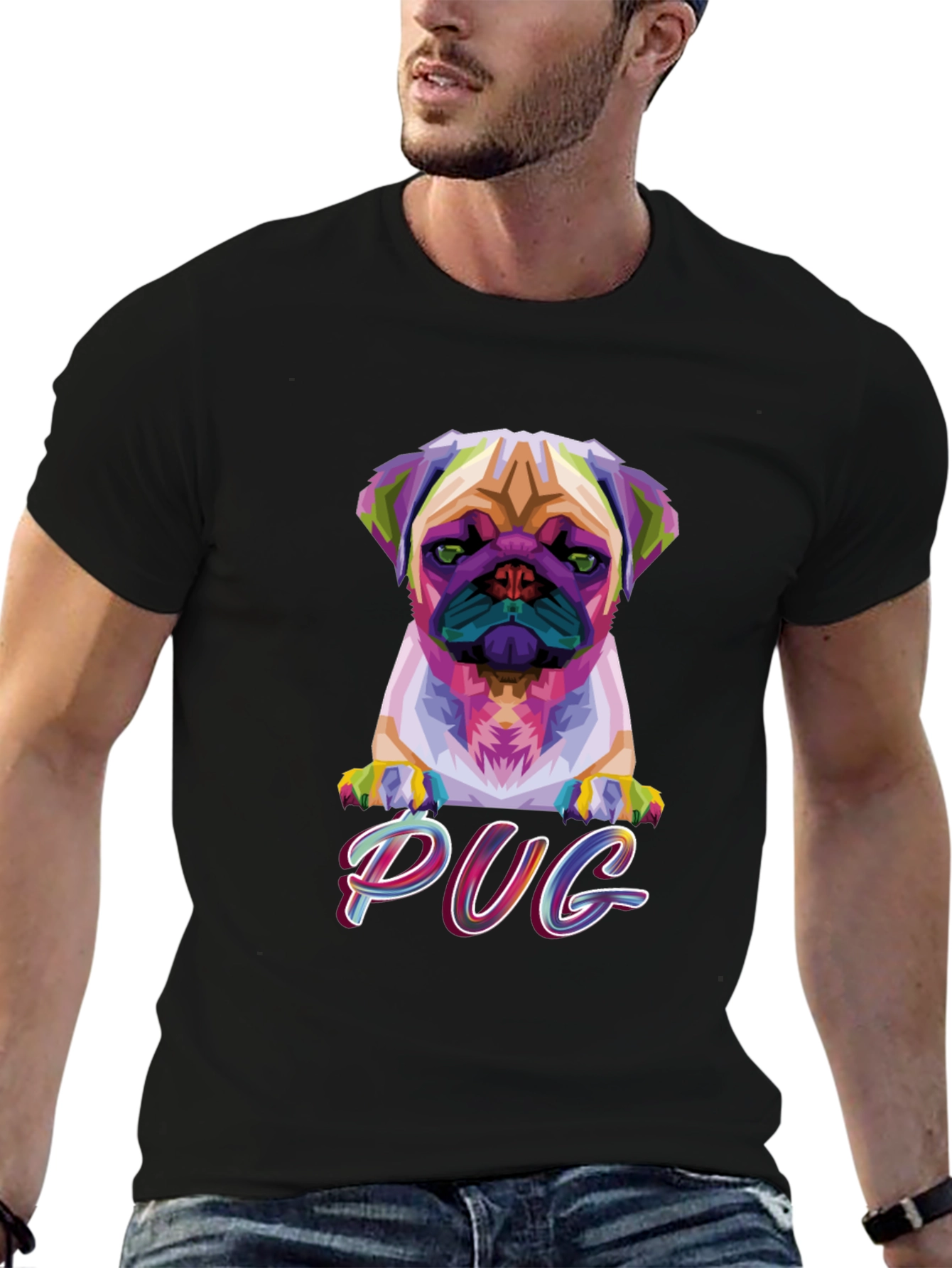 Camiseta Negra con Diseño Pug Geométrico