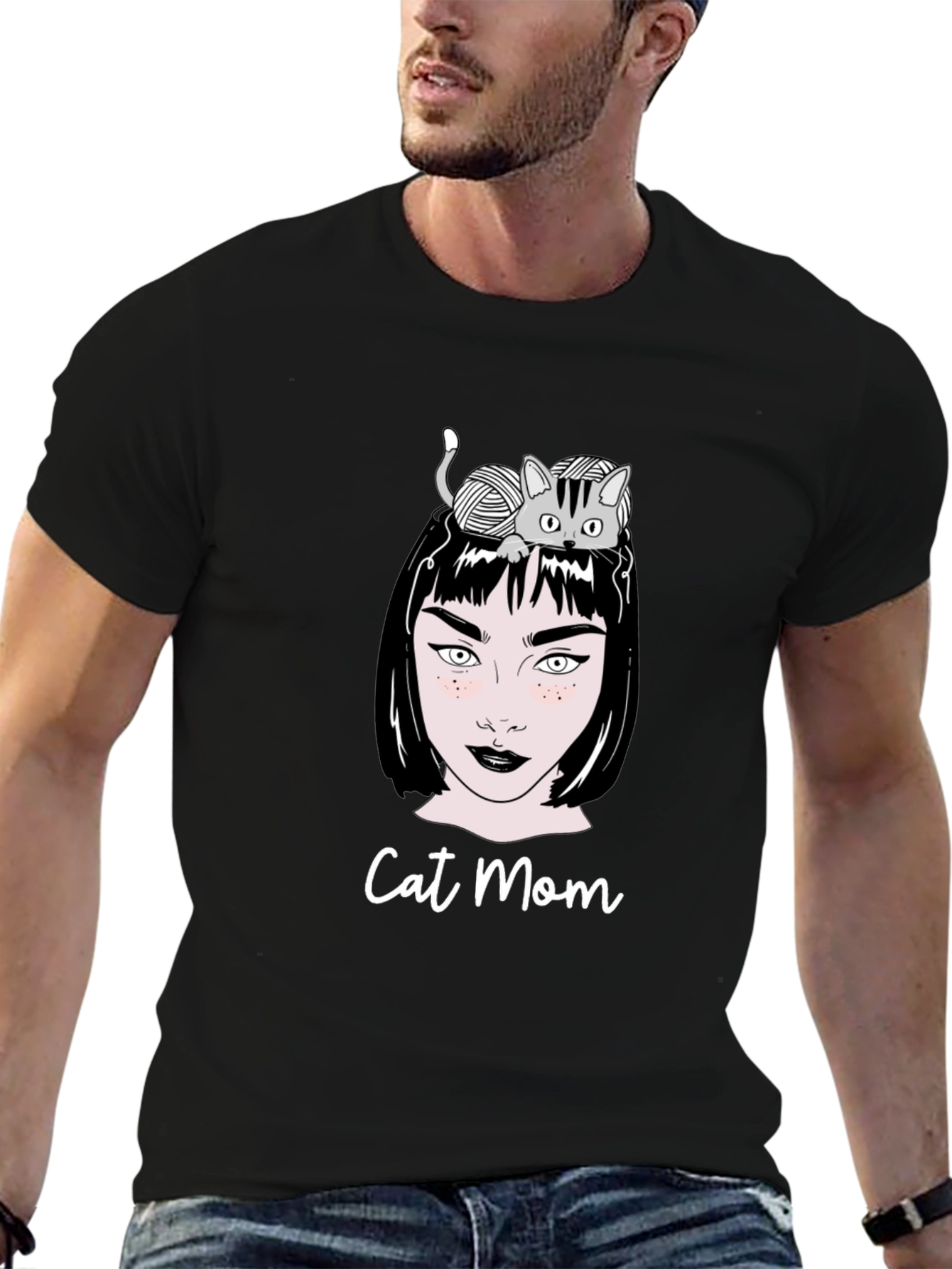 Camiseta Negra Cat Mom Estampada