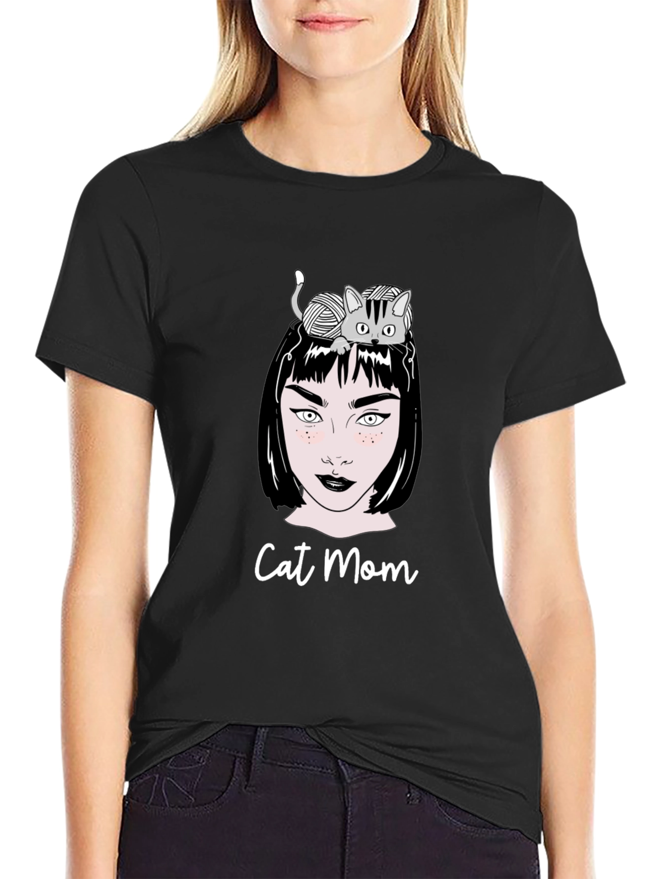 Camiseta Negra Cat Mom Estampada