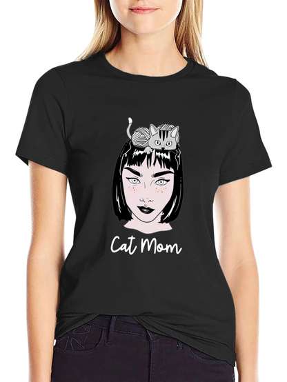 Camiseta Negra Cat Mom Estampada