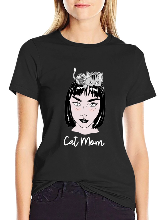 Camiseta Negra Cat Mom Estampada