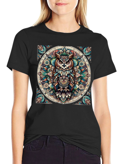 Camiseta Negra con Diseño de Búho Mandala