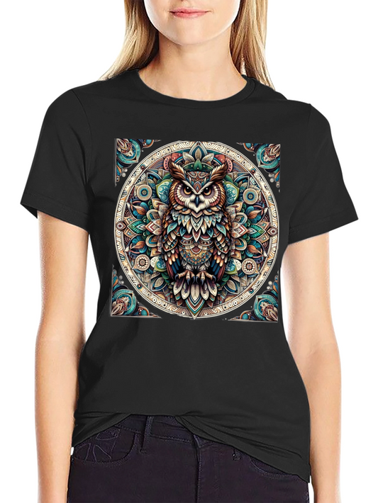 Camiseta Negra con Diseño de Búho Mandala
